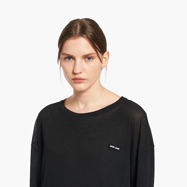 Miu Miu Long-sleeved Garment-dyed Ribbed Knit Jersey T-shirt In Black