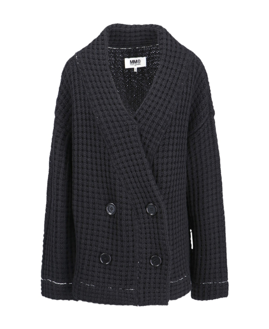Shop Mm6 Maison Margiela Waffle-knit Double-breasted Cardigan In Black