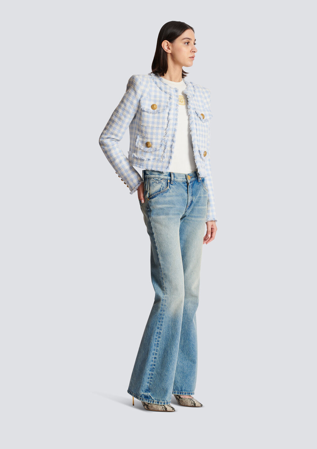 Balmain Blue Plaid Cropped Tweed Jacket In White