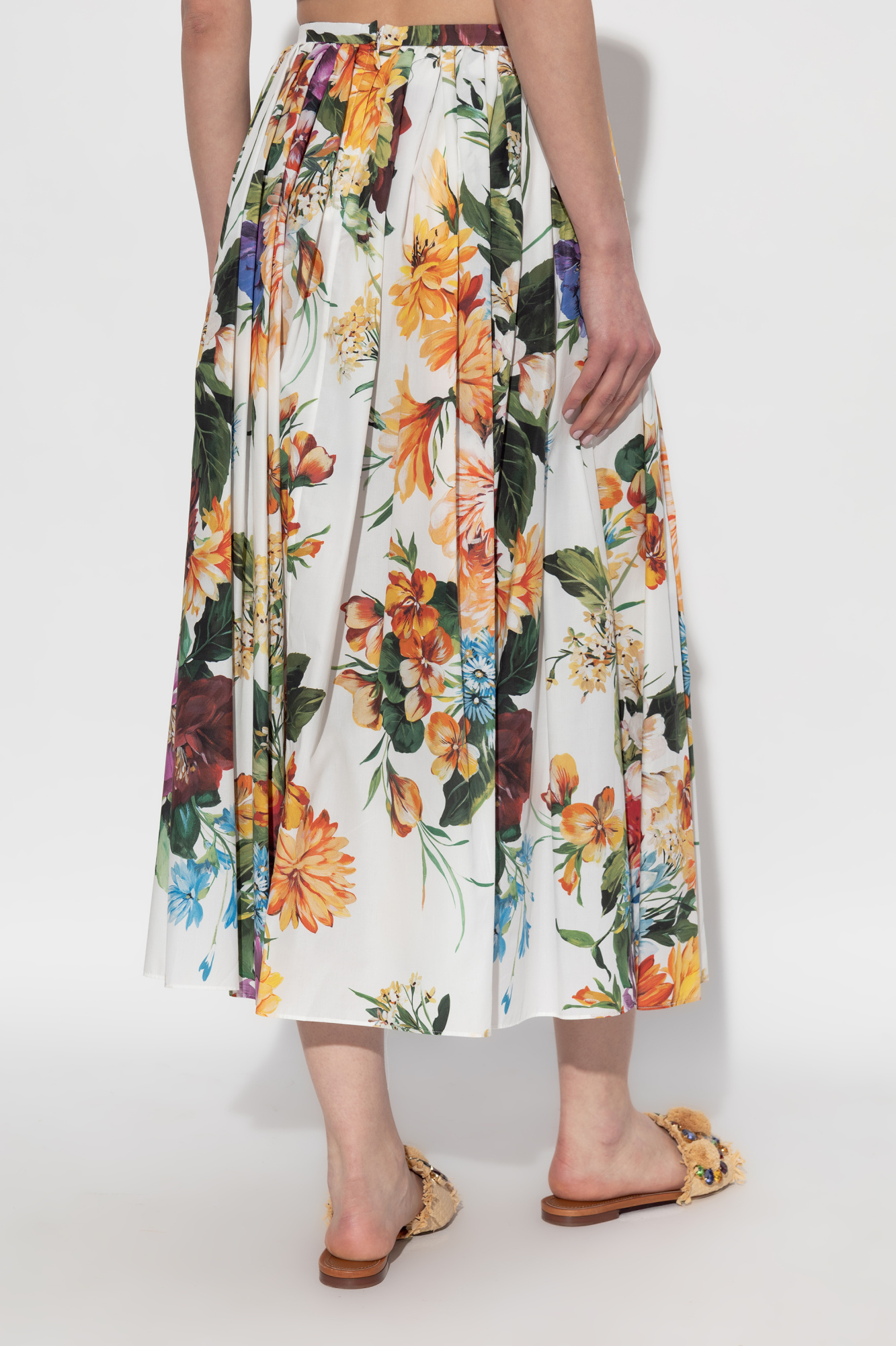 Dolce & Gabbana Flower Bouquet Pleated Popeline Midi Skirt In Multi