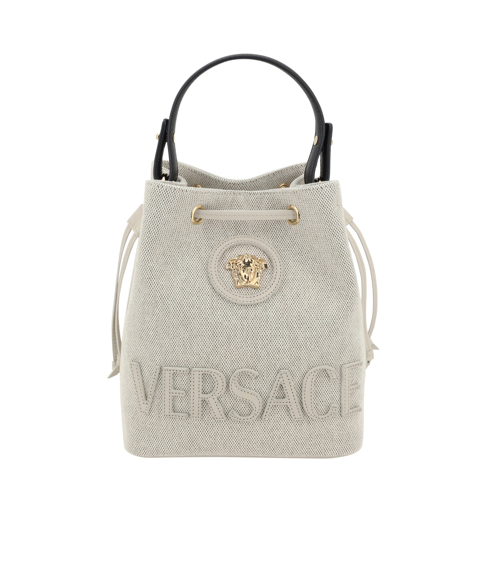 Versace Medusa-plaque Drawstring Bucket Bag In Nude