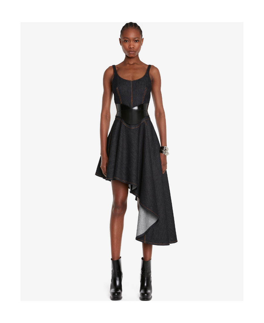 Alexander Mcqueen Asymmetric Midi Denim Corset Dress In Blue