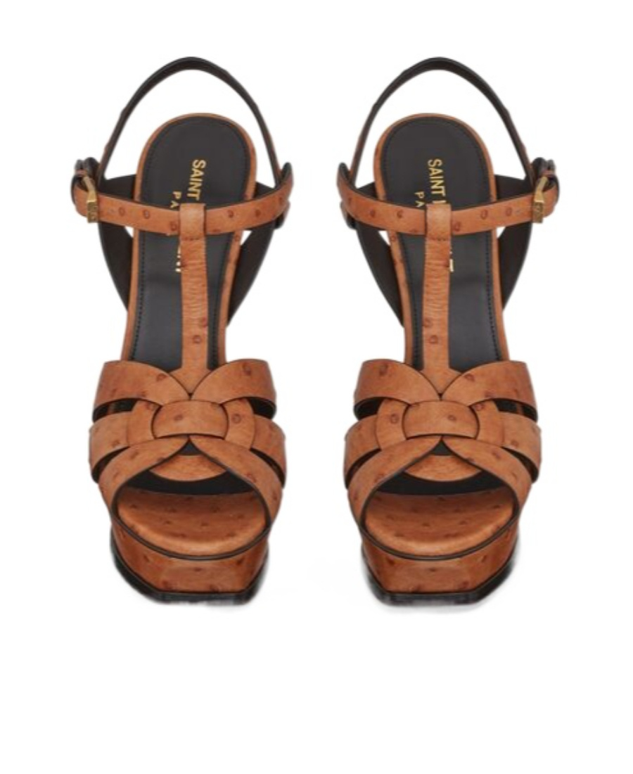 Saint Laurent Tribute Ostrich-embossed Platform Sandals In Brown