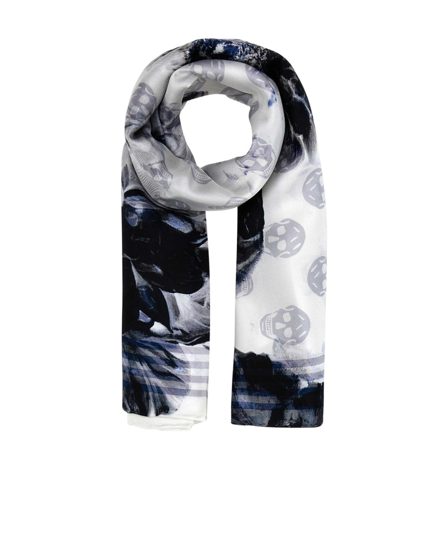 Alexander Mcqueen Silk Biker Scarf With Floral And Skull Print In Black
