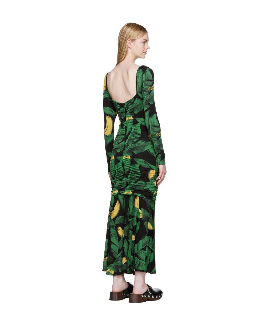 Ganni Palm Print Long Sleeve Gathered Jersey Dress In Green