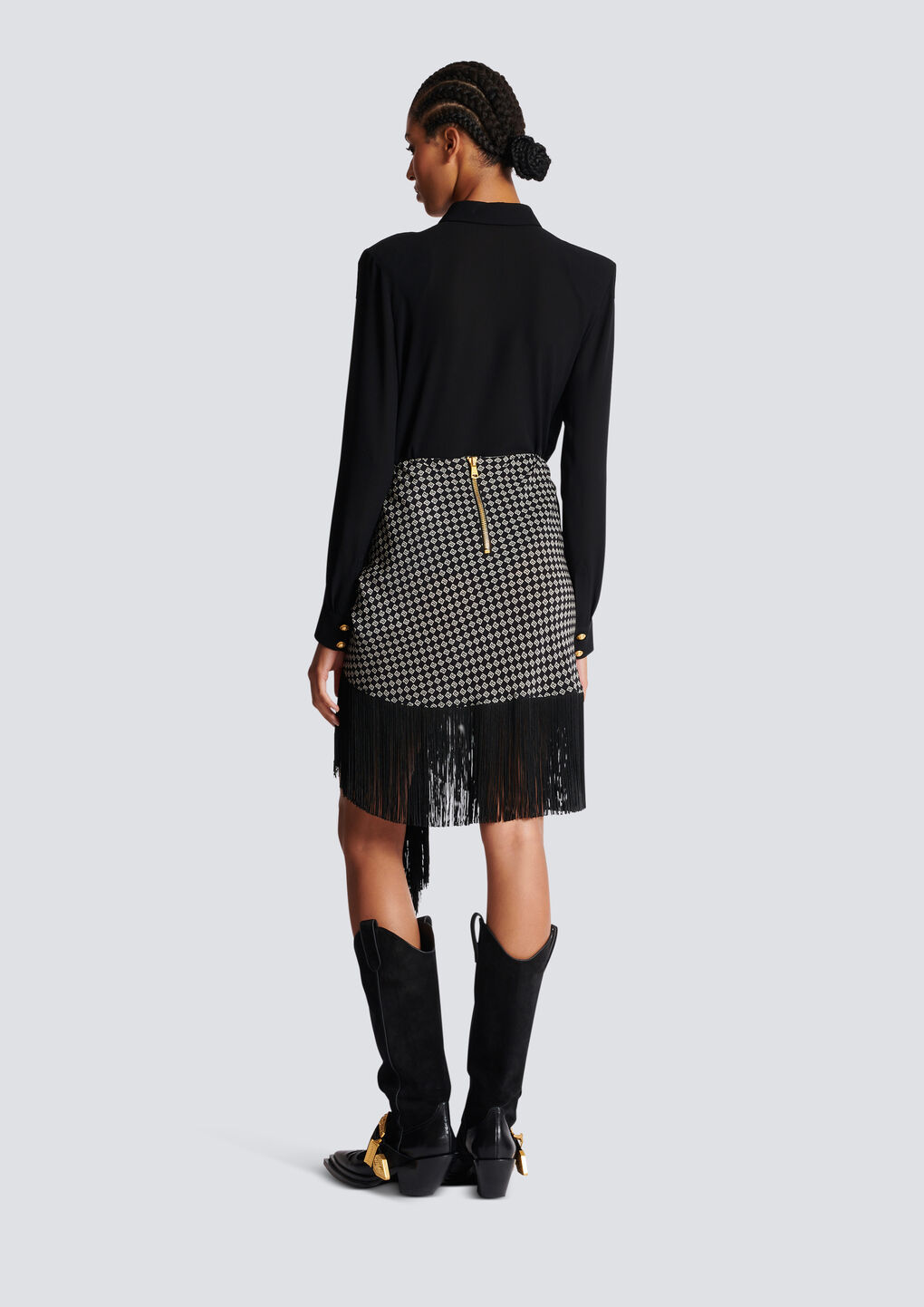 Balmain Fringed Paisley-print Silk Miniskirt In Black