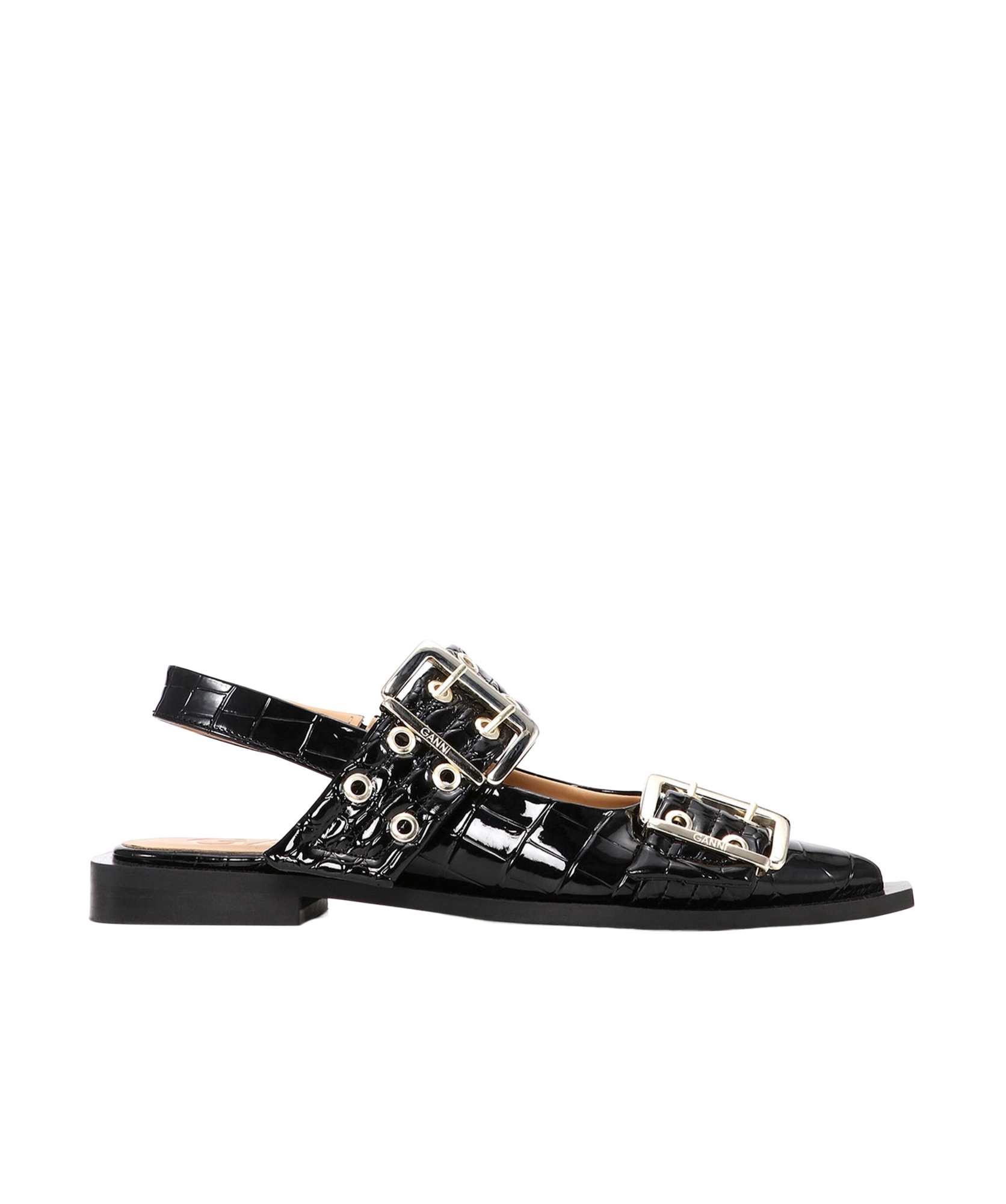 Ganni Embellished Glossed Recycled Point-toe Slingback Flats In Black