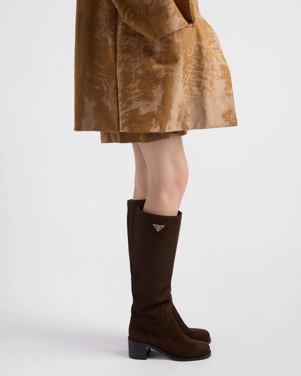 Prada Suede Block-heel Knee Boots In Dark Brown