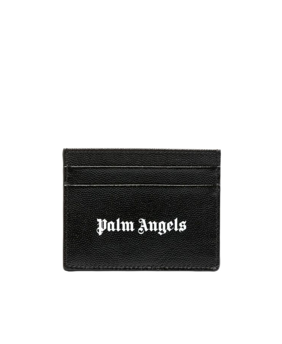 Palm Angels Gothic Leather Logo Cardholder With Tonal Stitching In Black
