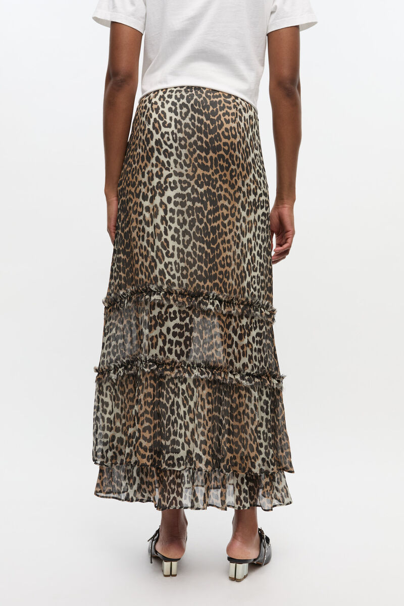 Ganni Animal Print Flared Layered Leopard Skirt In Brown