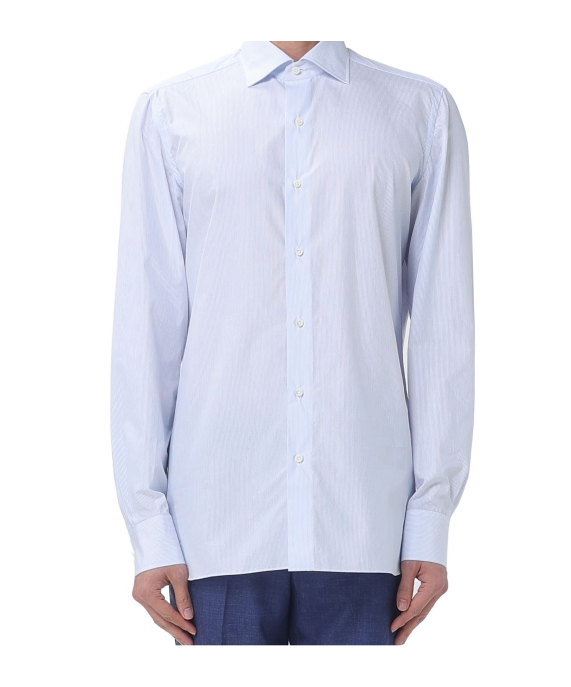 Borrelli Tailored White Cotton Shirt With Classic Collar And Structured Cuffs In Blue
