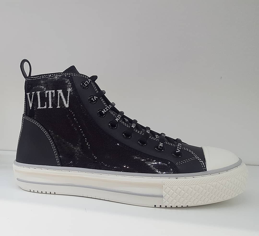 Valentino Sequins Inlaid High-top Casual Sneakers In Black