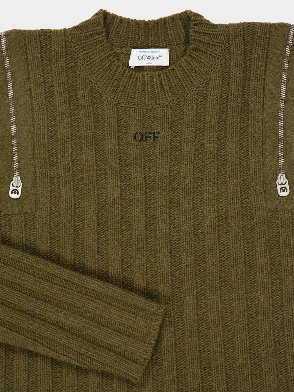 Off-white Beech Brown White Ribbed Wool Jumper With Side Zips In Green