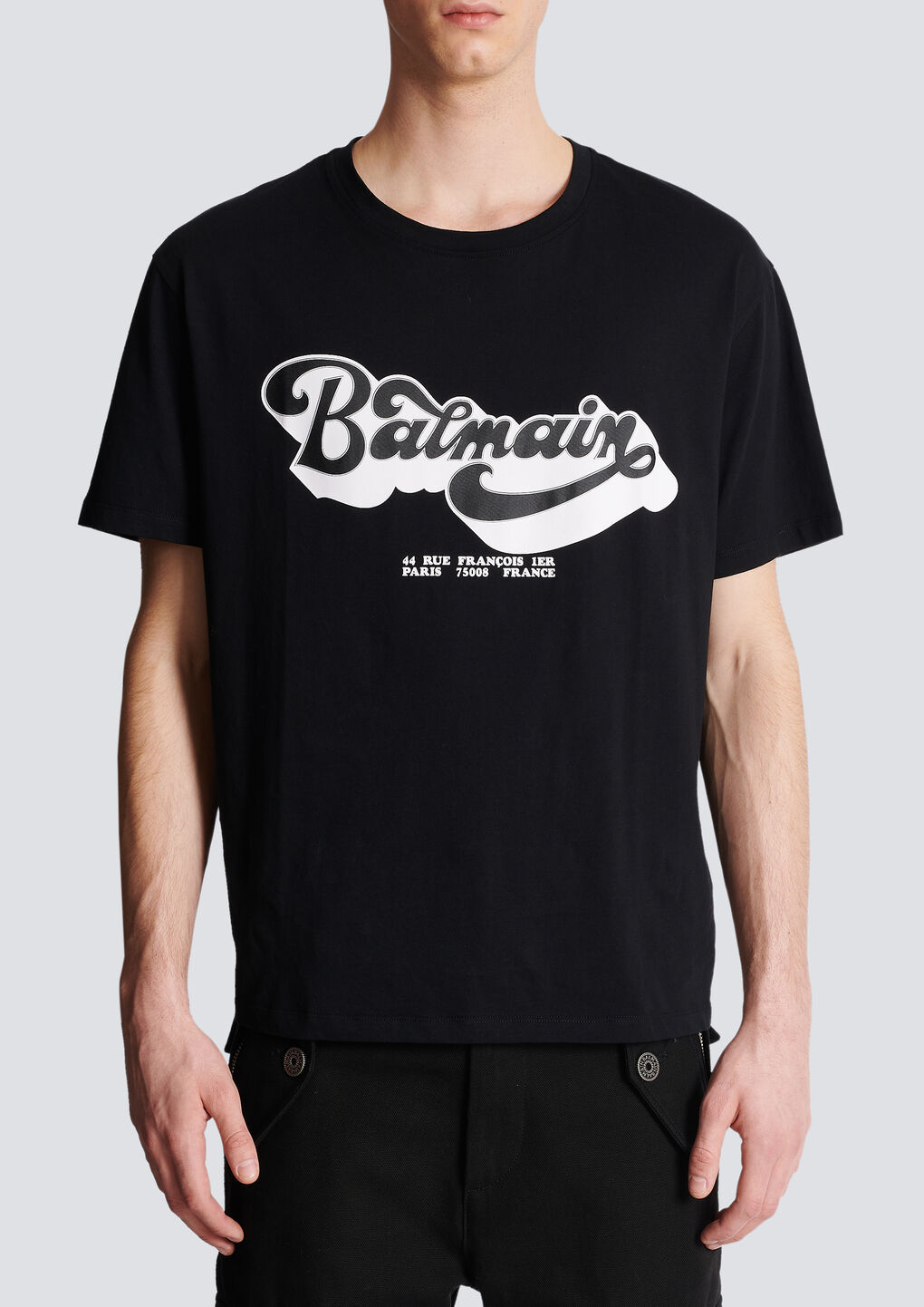Balmain Black Crewneck T-shirt With 70s Logo Print In Organic Cotton Man In Black