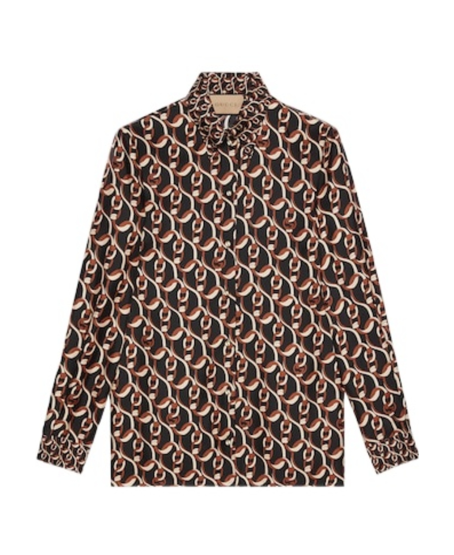 Gucci Interlocking G Chain-print Silk Shirt In Black
