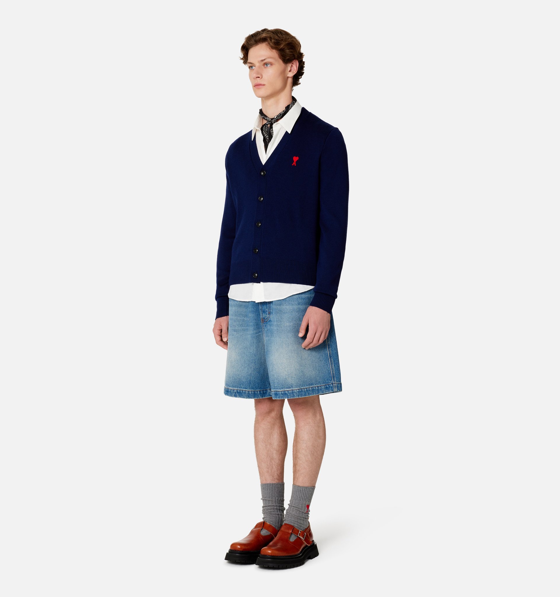 Ami Alexandre Mattiussi Ami Ami De Coeur Logo Embroidered V-neck Knitted Cardigan In Blue