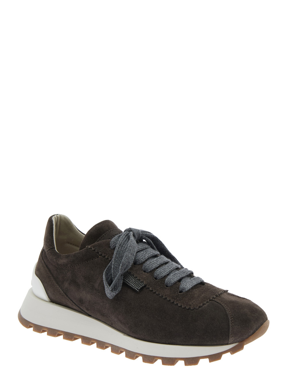 Brunello Cucinelli Brown Low Top Sneakers With Monil Detail On The Side And Embossed Logo Lettering On The Rear In Leat