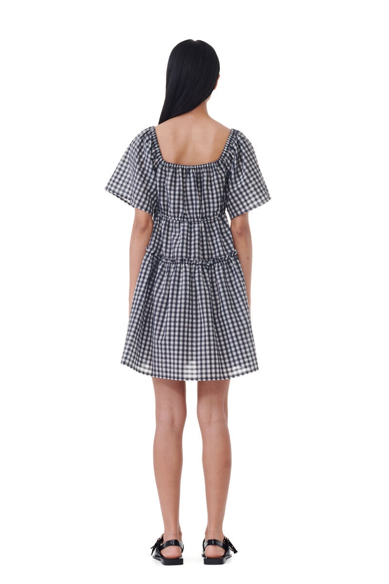 Ganni Check-print Mini Dress In Gray