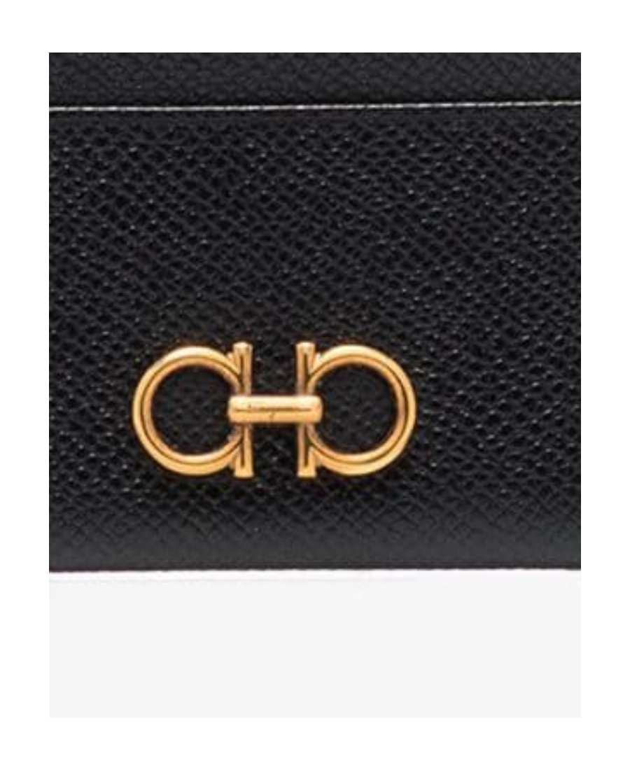 Ferragamo Black Card-holder With Gancini Detail In Hammered Leather Woman In Black