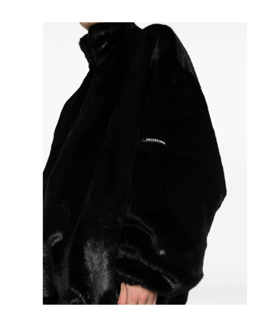Balenciaga Logo Patch Faux Fur Jacket In Black