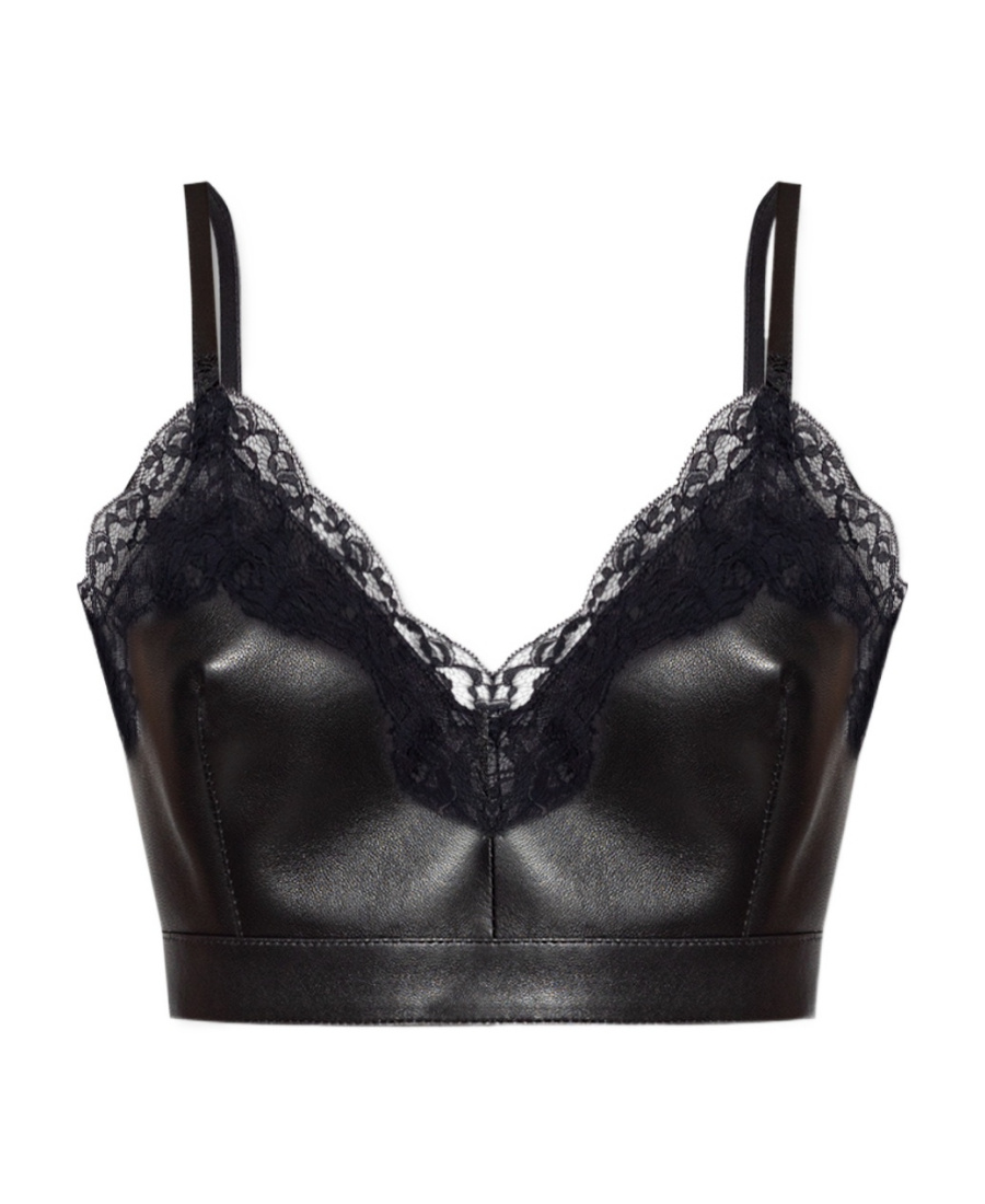 Alexander Mcqueen Cropped Lace-trim Leather Top In Black