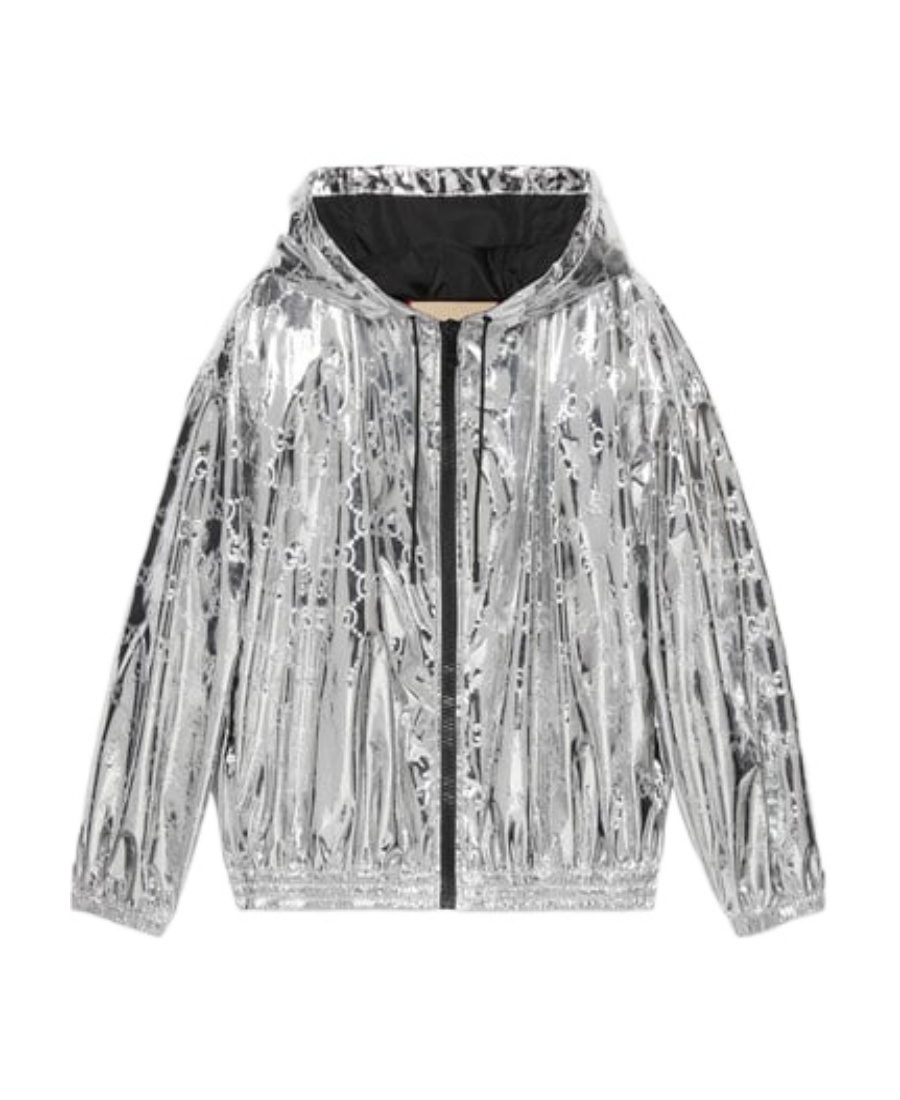 Gucci Shiny Finish Hooded Jacket With Elasticated Cuffs In Gray