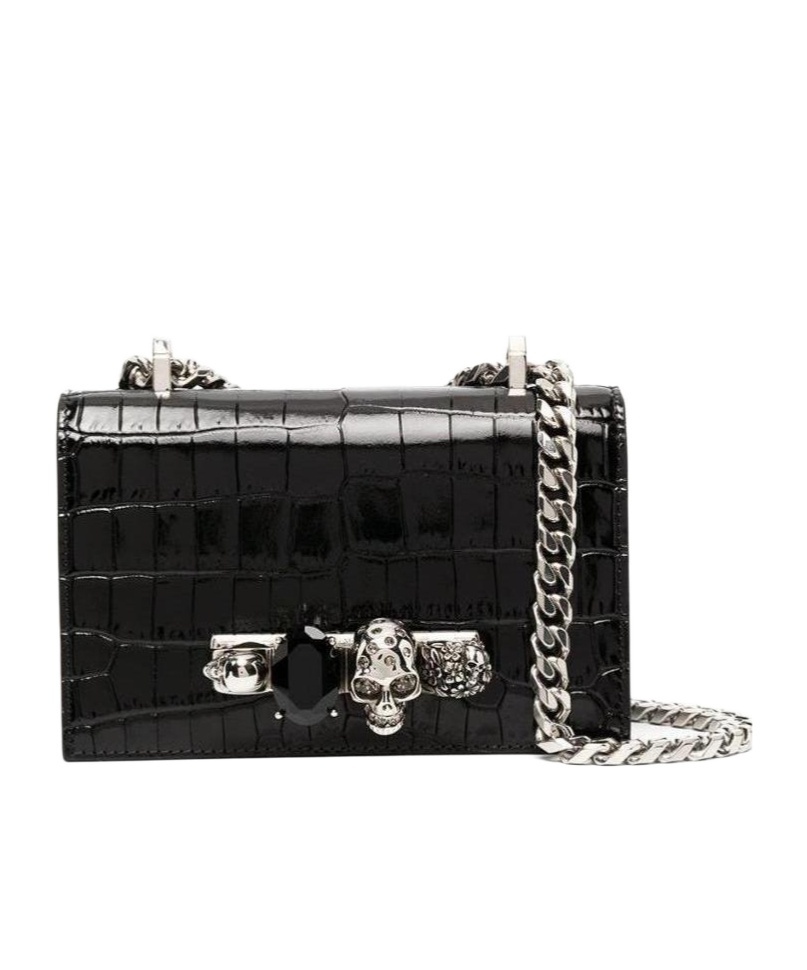 Shop Alexander Mcqueen Mini Jewelled Crocodile-embossed Satchel In Black