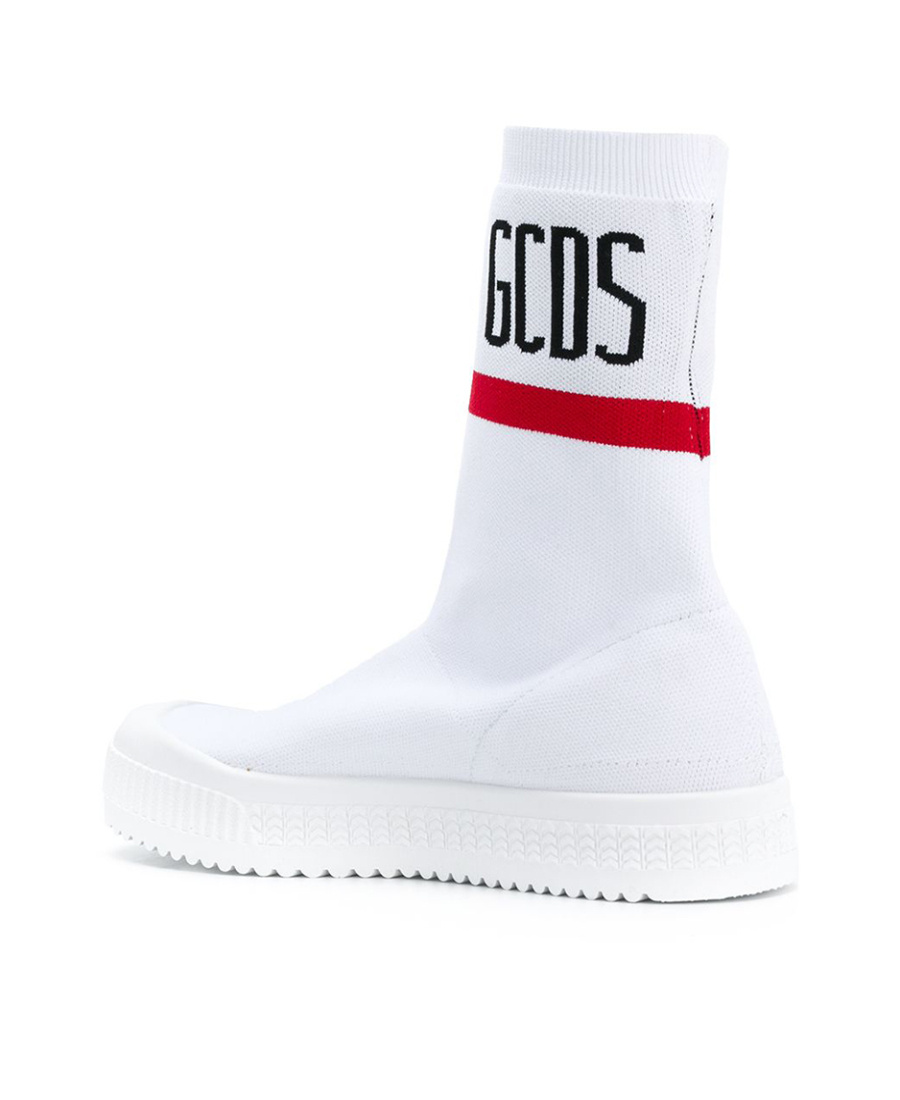 Gcds White Logo Knitted High-top Casual Sneakers In White