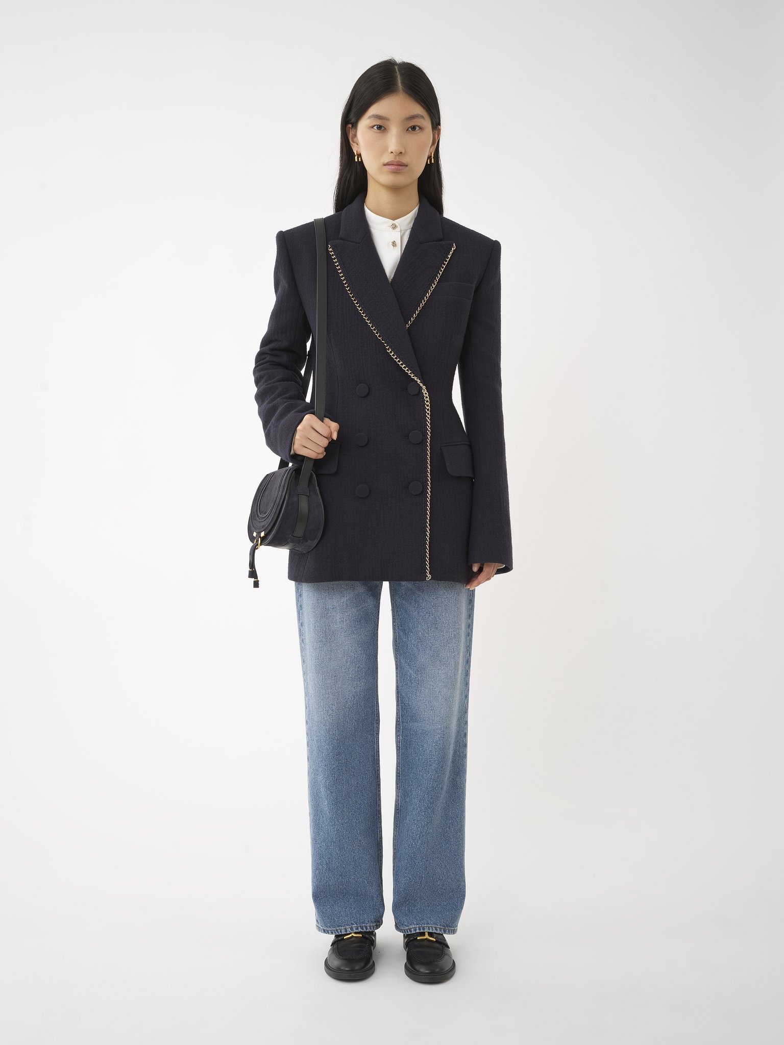 Chloé Double-breasted Wool Jacket With Structured Shoulders In Blue