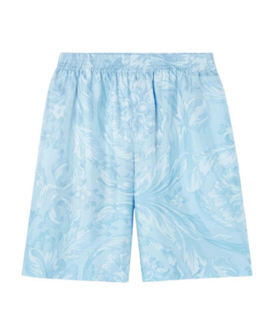 Versace Barocco Print Silk Shorts In Blue