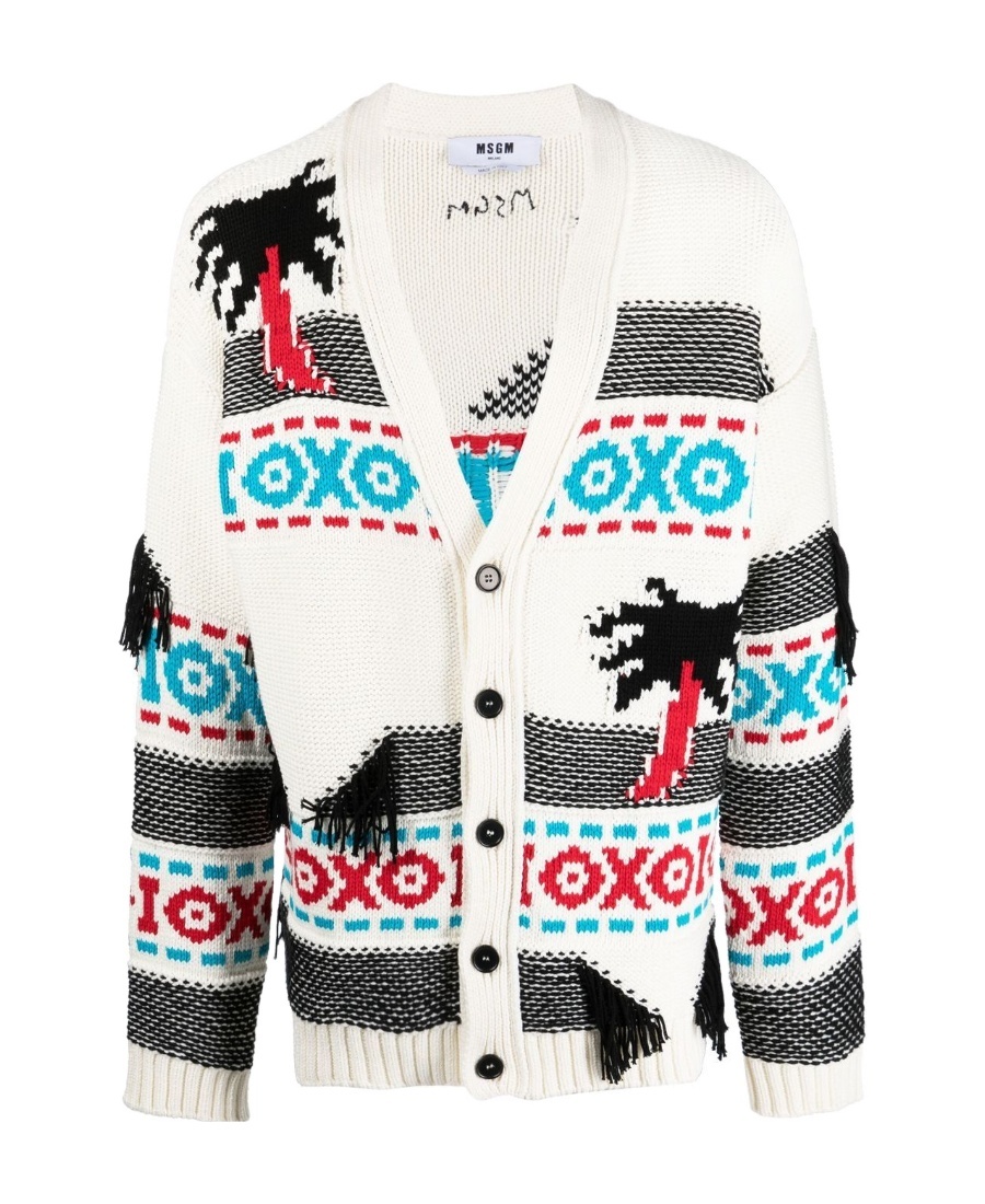 Msgm Patterned Intarsia-knit Cardigan In White