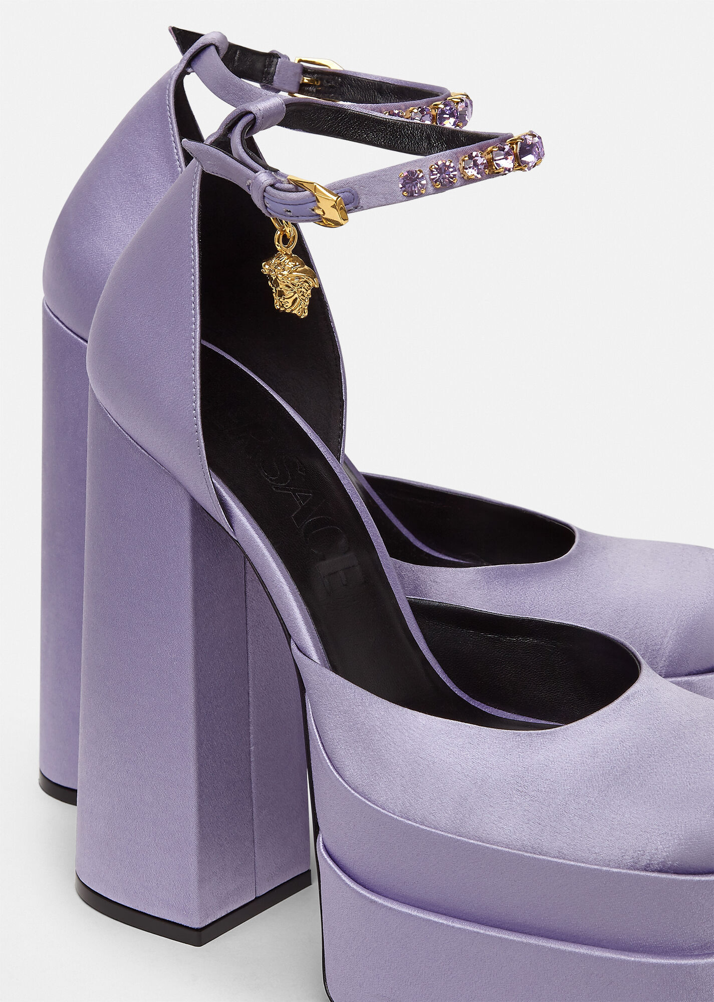 Versace Medusa Aevitas Embellished Satin Platform Sandals In Purple