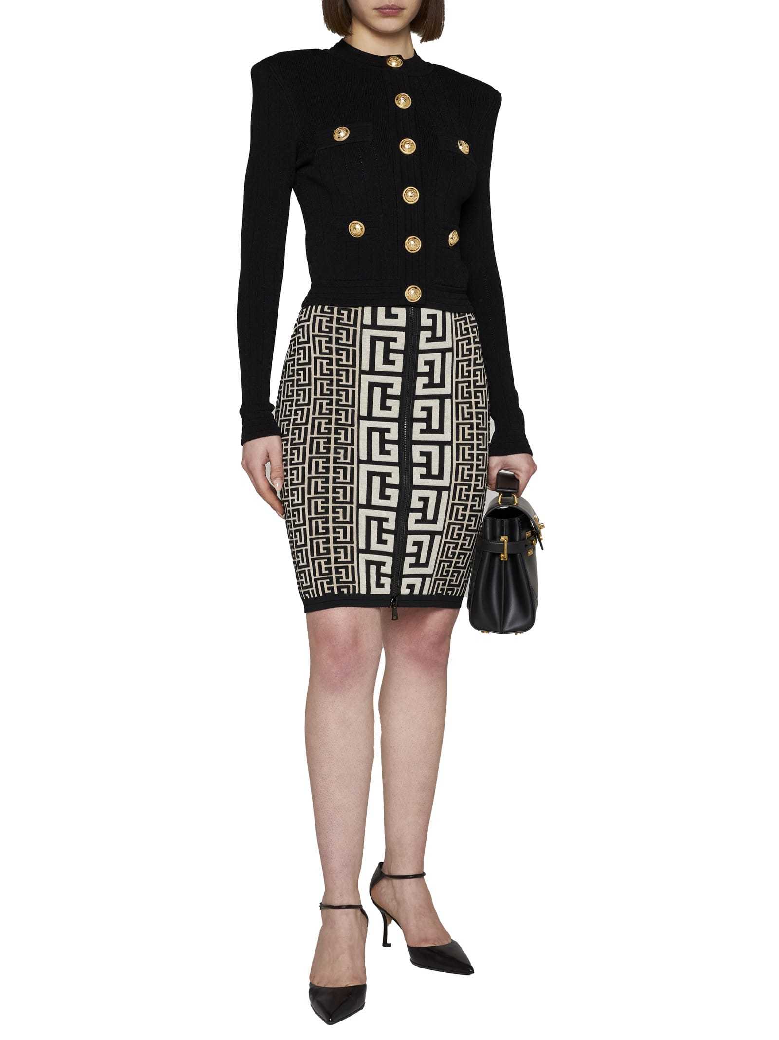 Balmain Pencil Skirt In Monogram Knit In Black