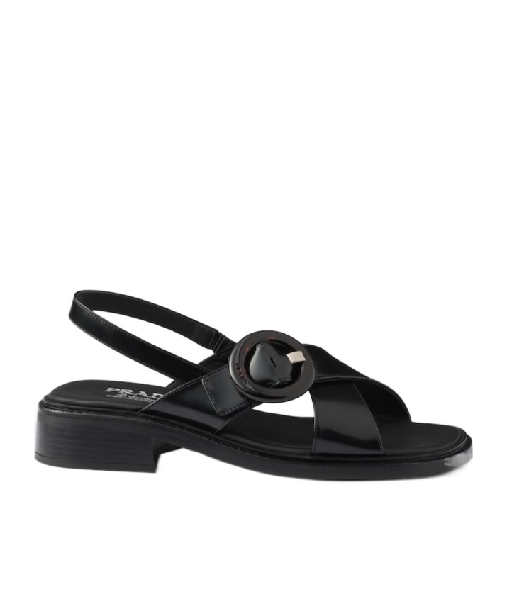Prada Women's Brushed Leather Sandals With A Burnt Color Buckle In Black