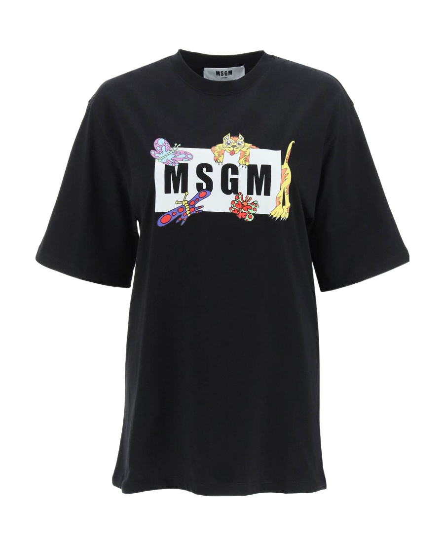 Msgm Round Collar Logo T-shirt In Black