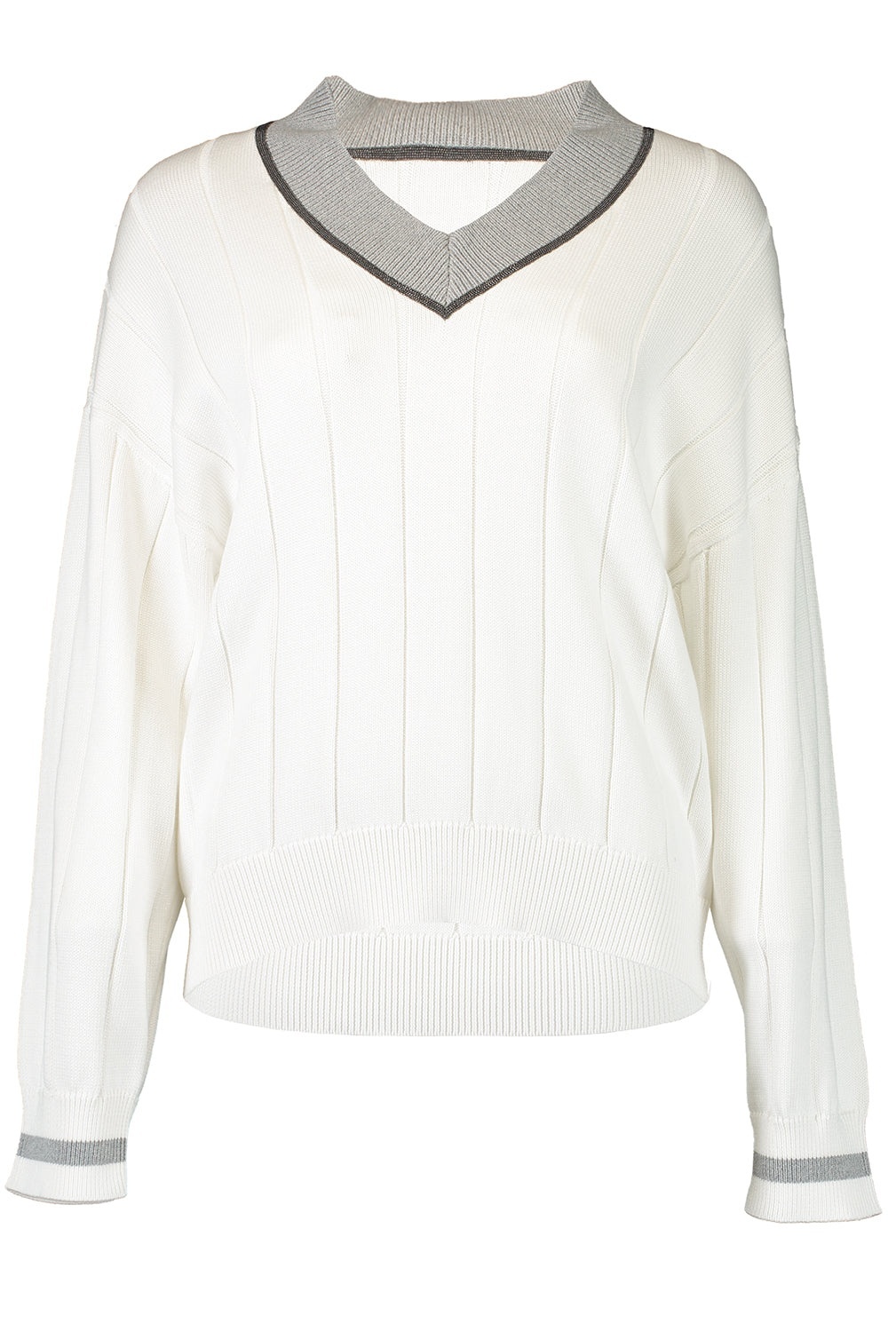 Brunello Cucinelli White T-shirt With V Neck And Monil Detail On The Collar In White
