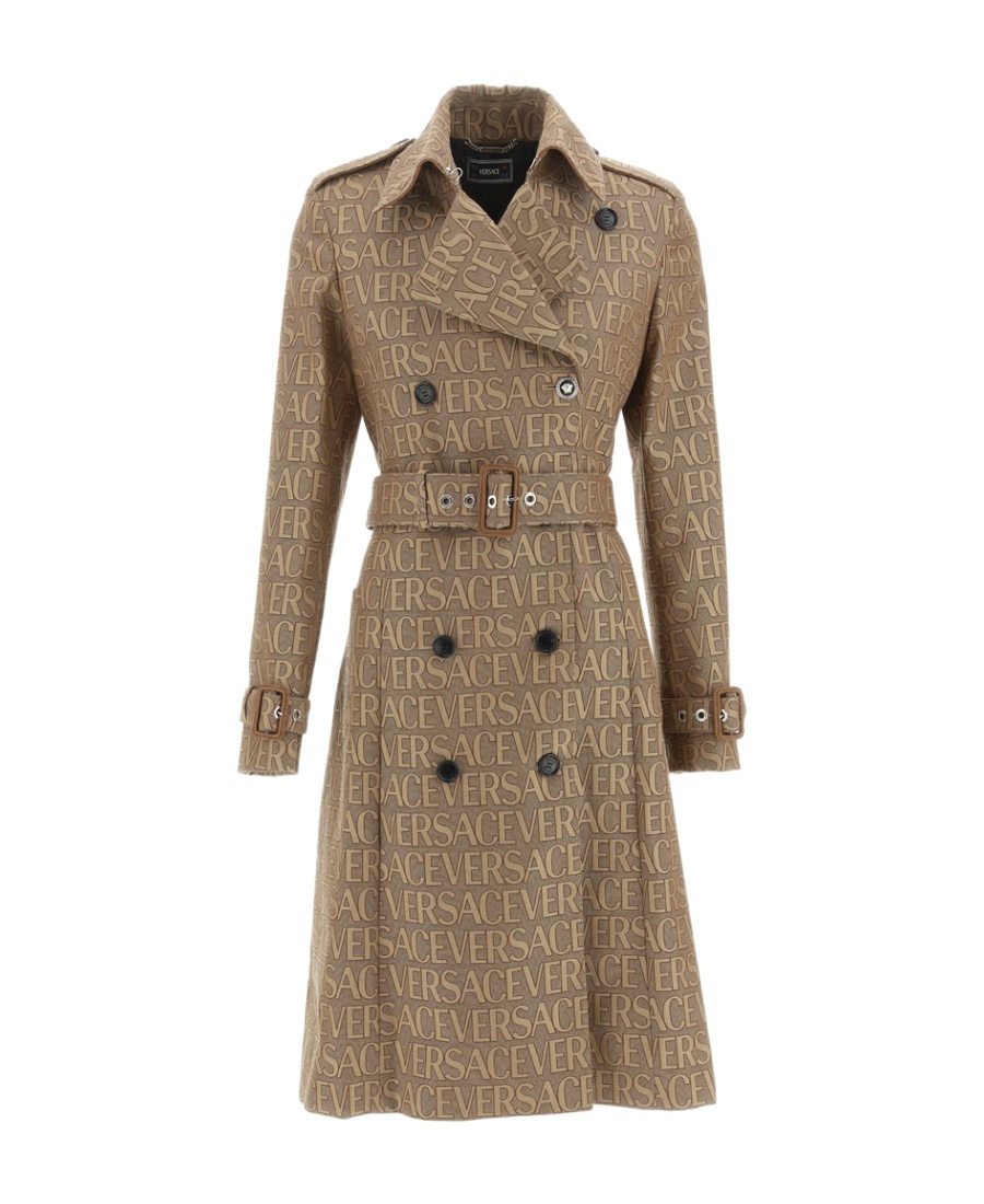 Versace All Over Logo Trench Coat In Brown