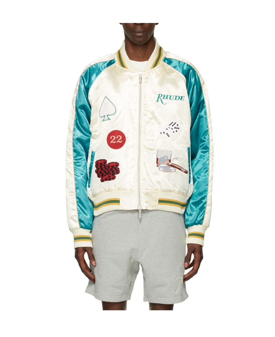 Rhude Cropped Colour-block Logo-embroidered Satin Bomber Jacket In White