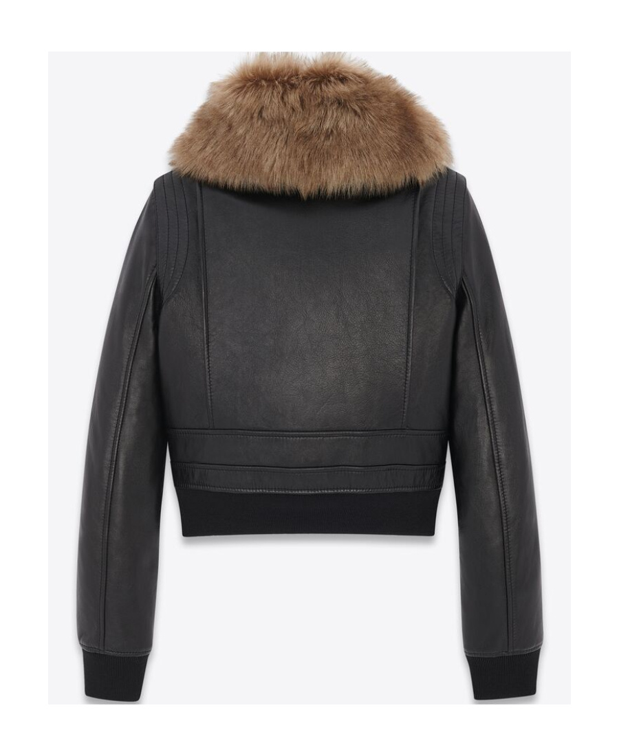 Saint Laurent Faux-fur Collar Cropped Leather Jacket In Black