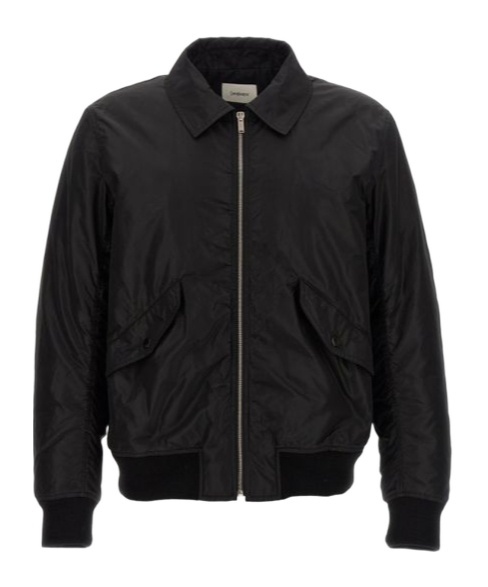 Saint Laurent Collared Silk Bomber With Ribbed Cuffs In Black