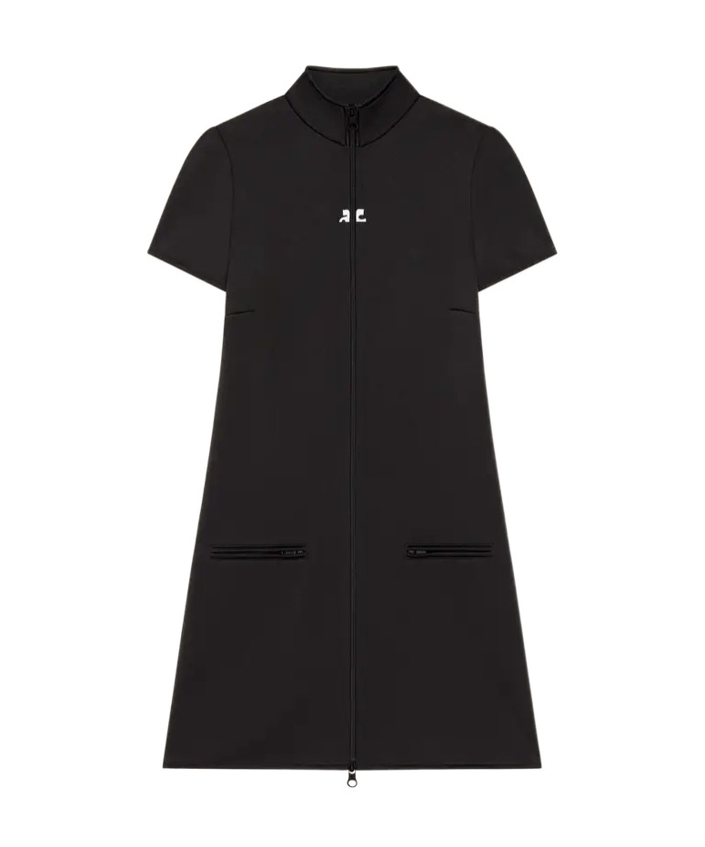 Courrèges Short Sleeve Dress With High Collar And Pockets In Black