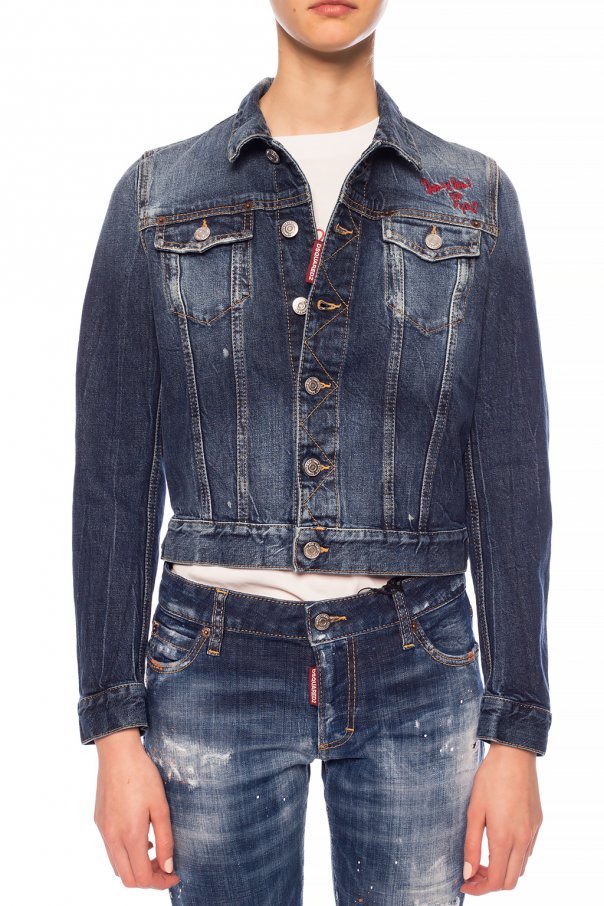 Shop Dsquared2 Cropped Embroidered Denim Jacket In Blue