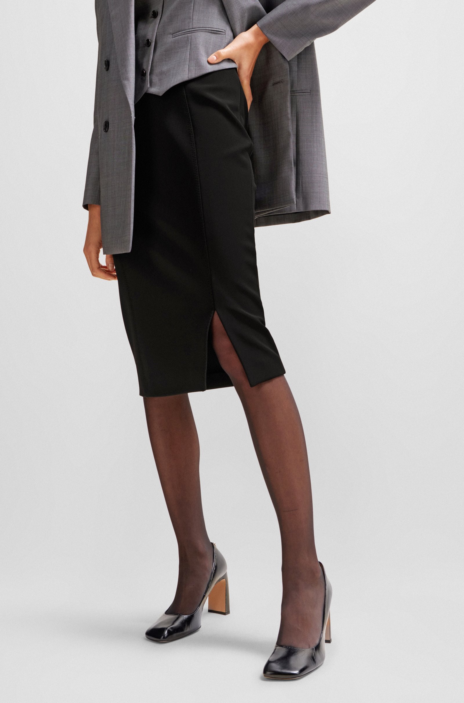 Hugo Boss Pencil Skirt In Stretch Fabric With Front Slit In Black