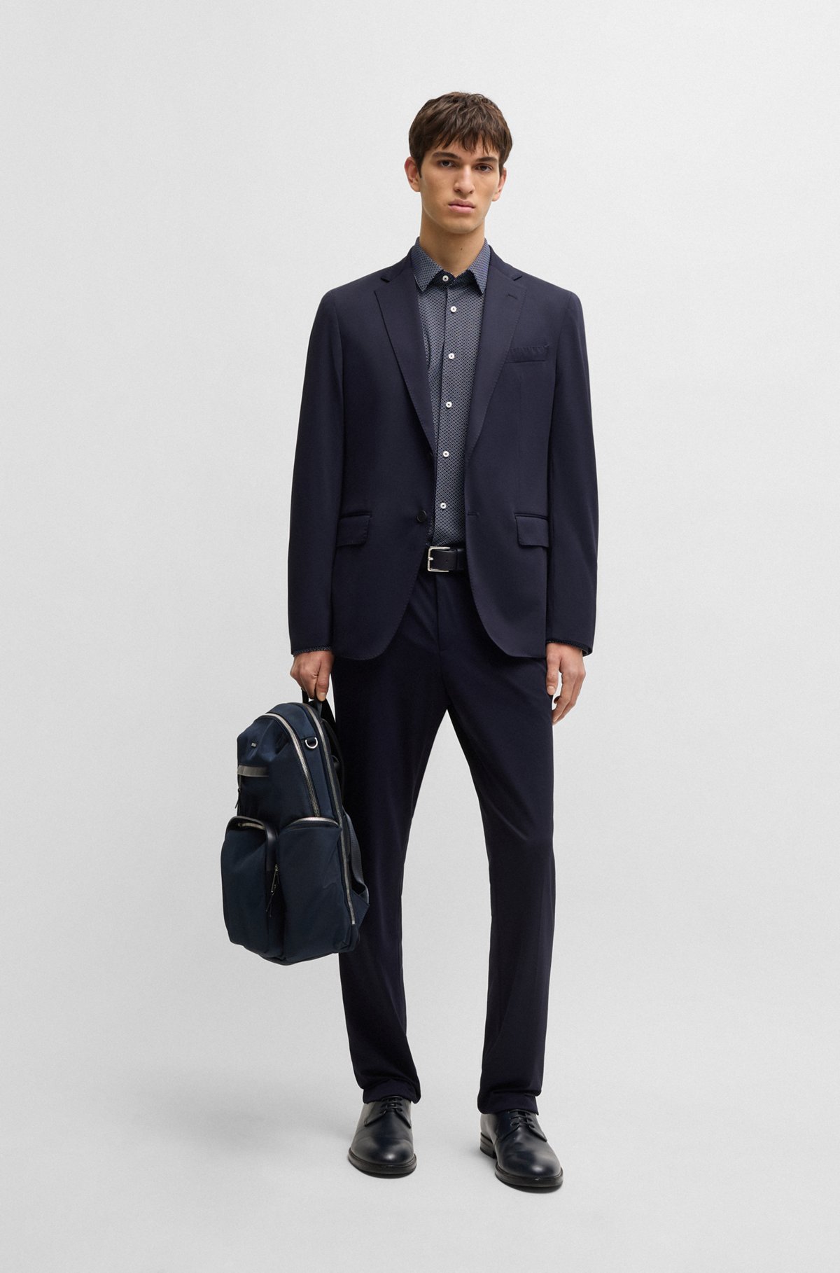 Hugo Boss Slim-fit Shirt In Geometric-print Performance-stretch Jersey In Blue