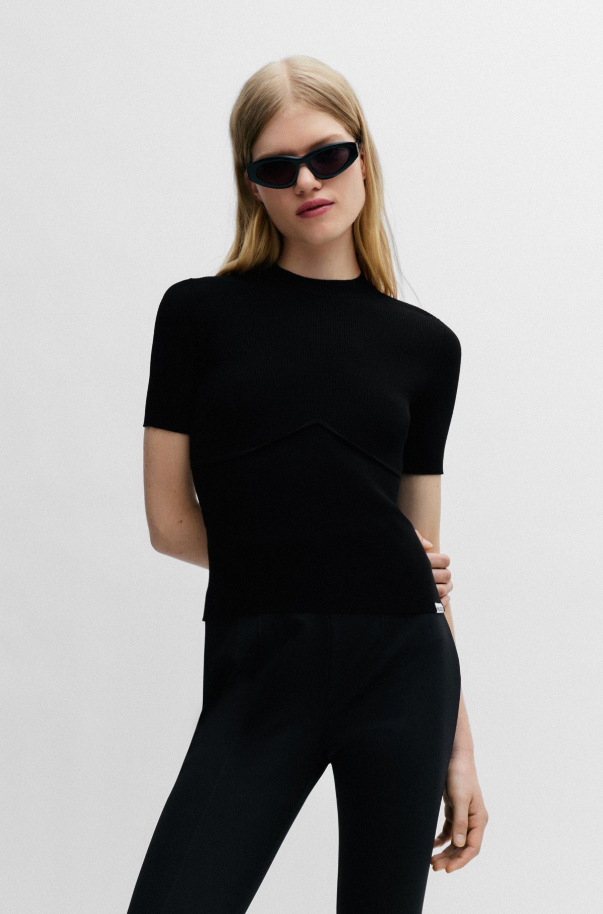 Hugo Boss Slim-fit Short-sleeved Sweater With Seam Detail In Black
