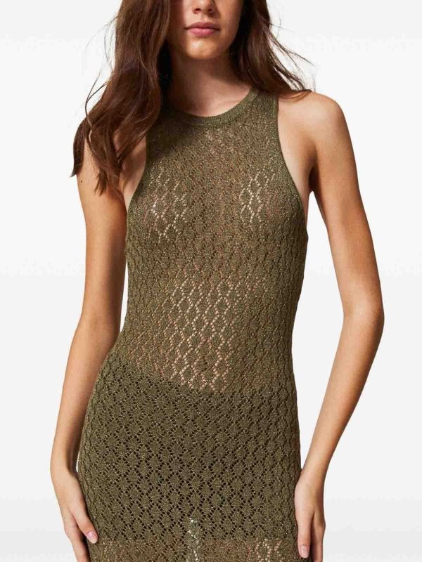 Twinset Robe Longue En Maille Point Filet Et Lurex In Green