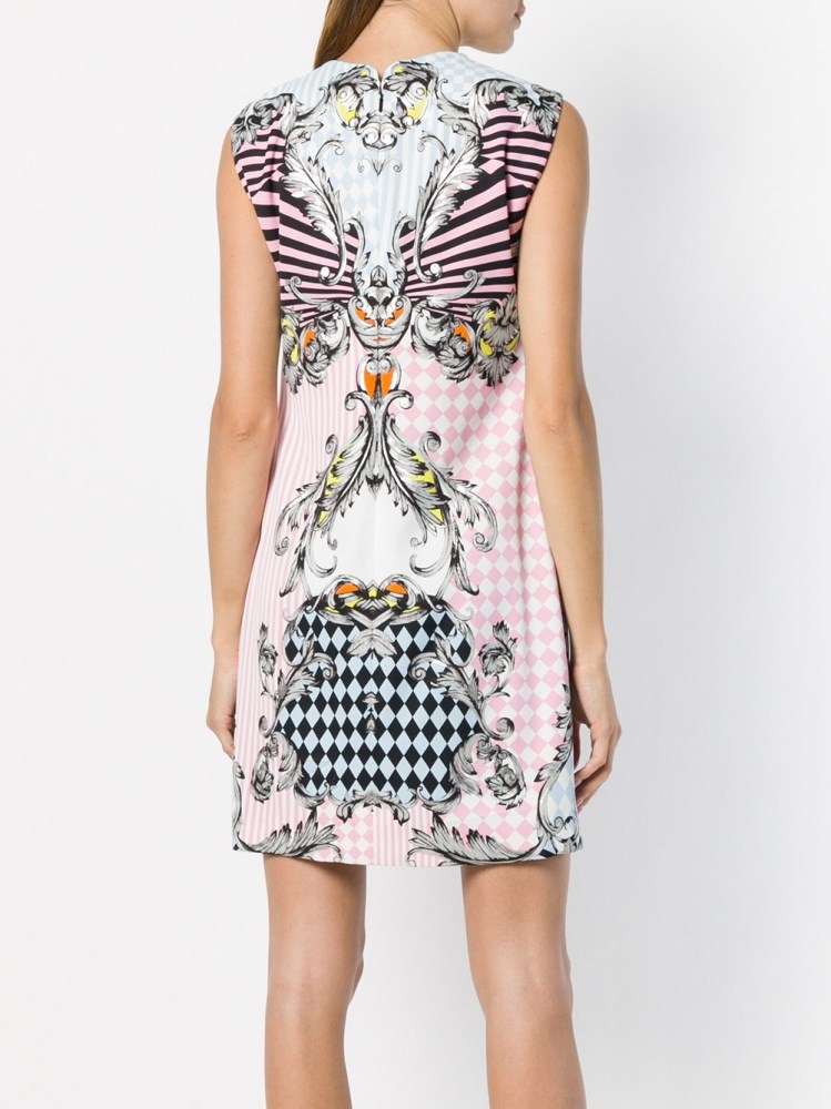 Versace Color Plaid Baroque Printed Dress In Black