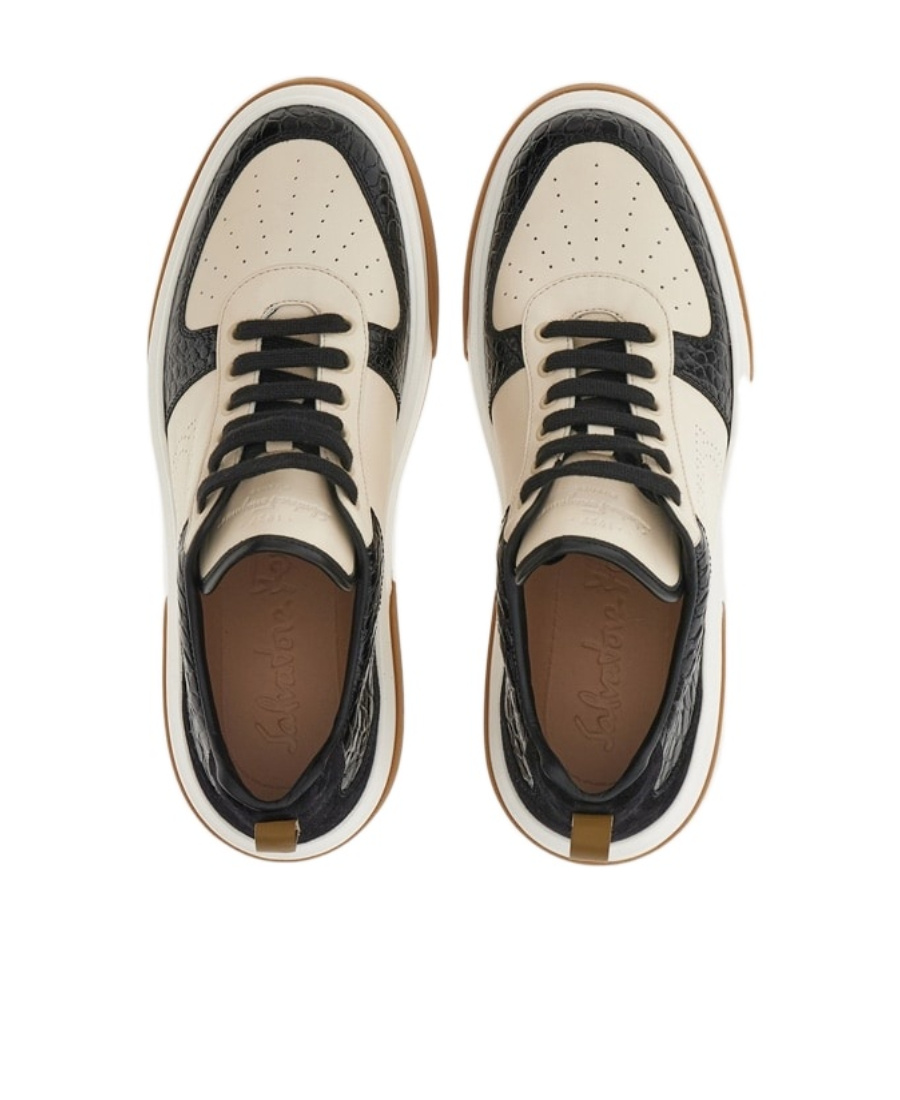 Ferragamo Cassina Smooth And Croc-effect Leather Sneakers In Black