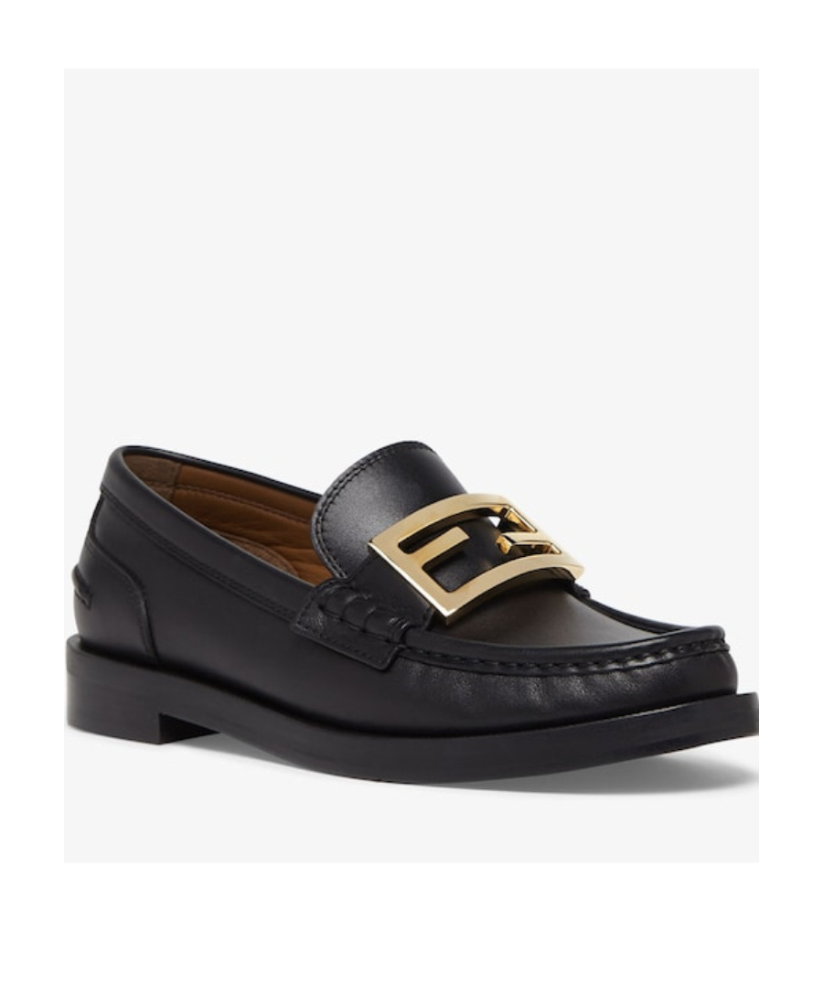 Fendi Black Leather Baguette Loafers With Gold-tone Buckle Detail In Black