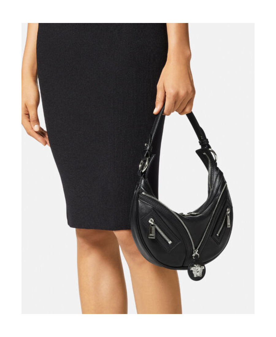 Versace Mini Hobo Leather Shoulder Bag In Black